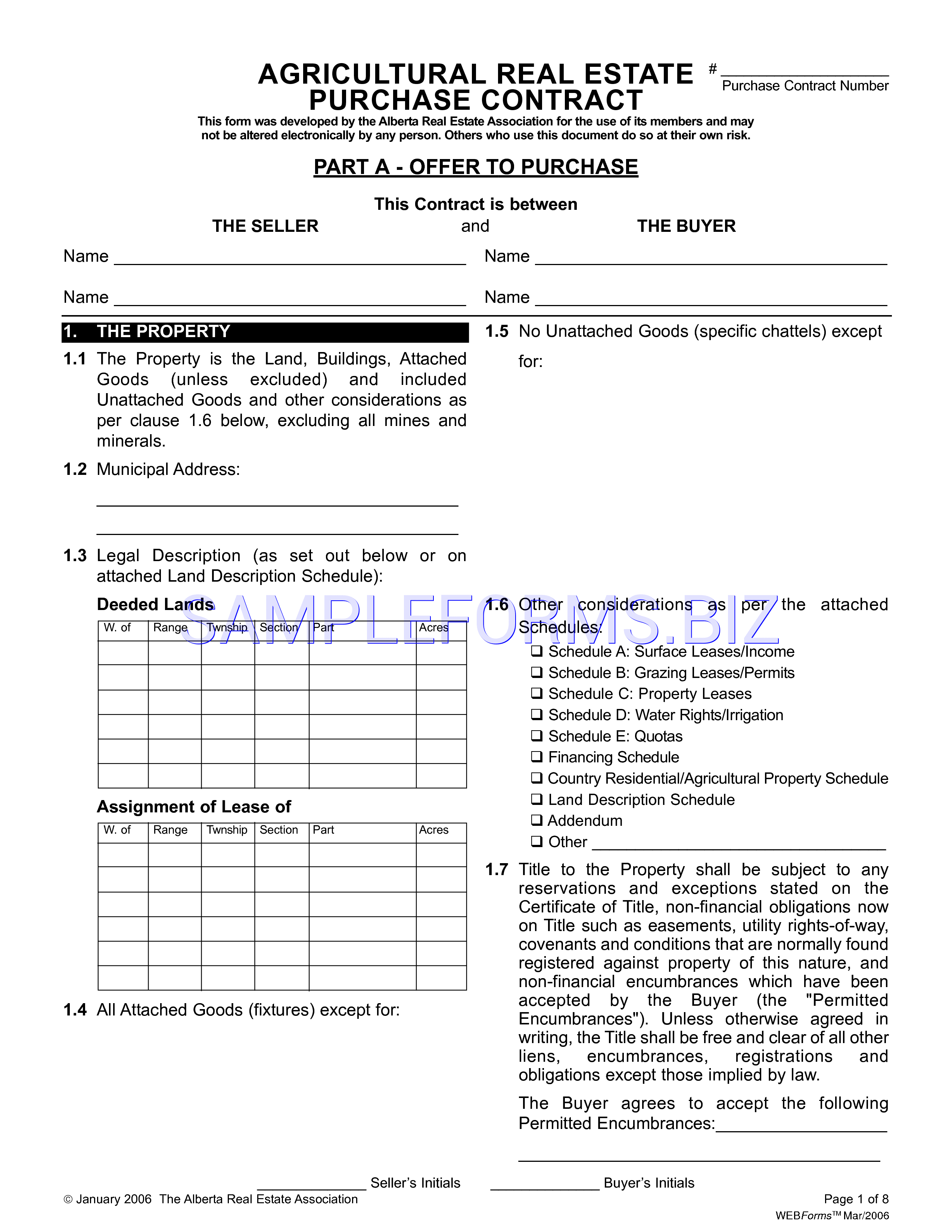 Preview free downloadable Alberta Agricultural Real Estate Purchase Contract Form in PDF (page 1)