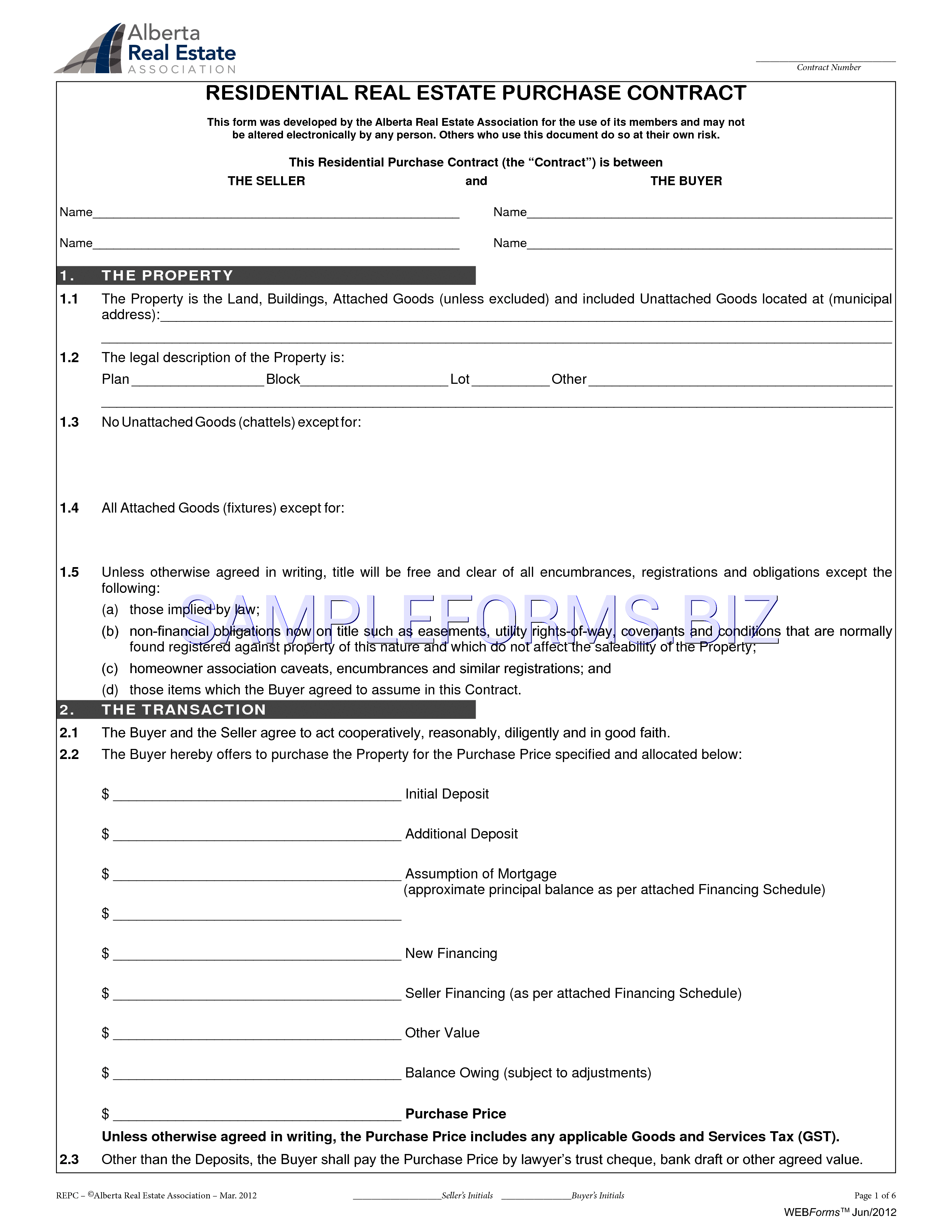 Preview free downloadable Alberta Residential Real Estate Purchase Contract Form 2 in PDF (page 1)
